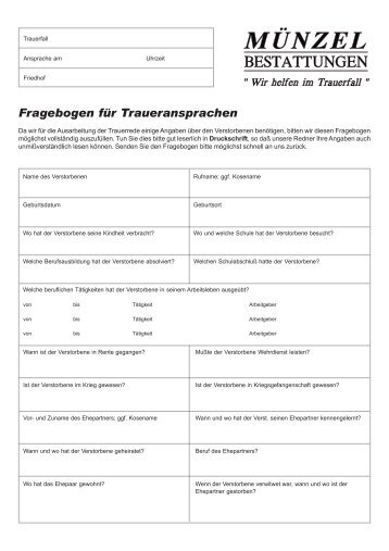 Fragebogen für Traueransprachen