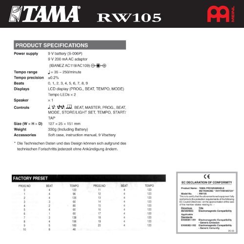 Bedienungsanleitung TAMA Rhythm Watch RW105