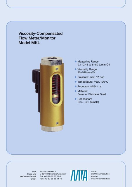 Viscosity-Compensated Flow Meter/Monitor Model MKL - MVA Mess