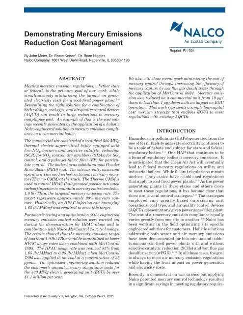 Demonstrating Mercury Emissions Reduction Cost ... - Nalco