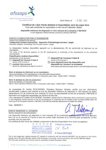 Certificat Libre Vente - MELET SCHLOESING Laboratoires