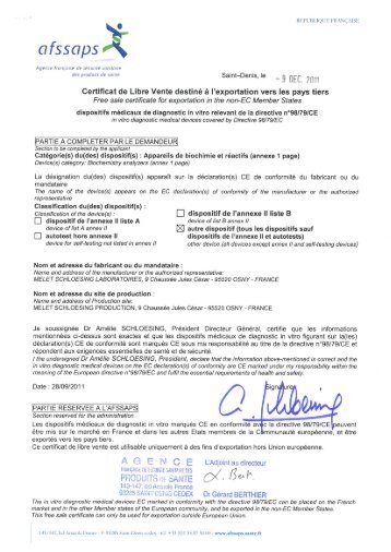 Certificat de Libre Vente - MELET SCHLOESING Laboratoires