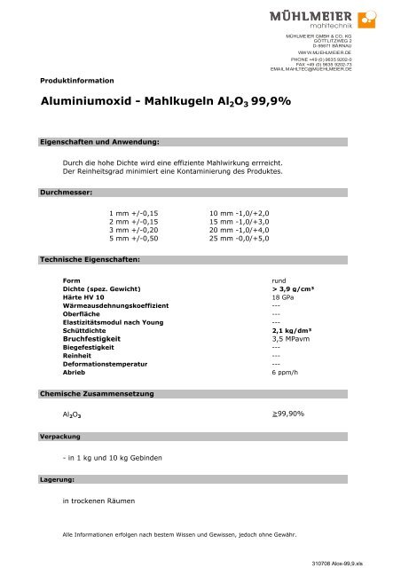 Aluminiumoxid - Mahlkugeln Al2O3 99,5% - Mühlmeier GmbH