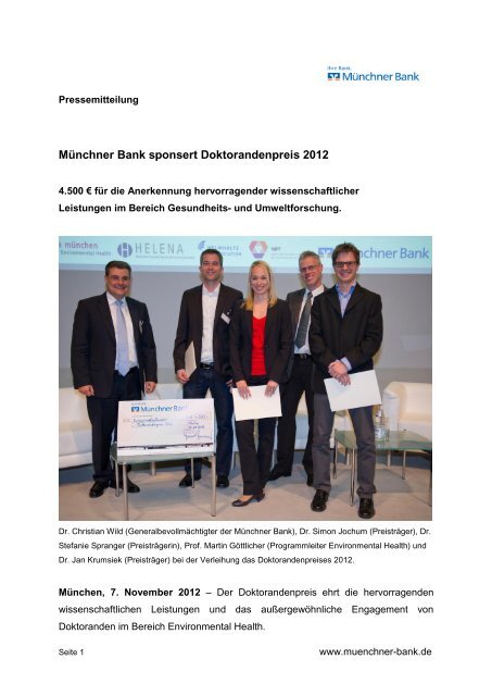 Münchner Bank sponsert Doktorandenpreis 2012 - Münchner Bank eG