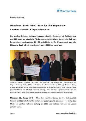 Münchner Bank: 5.000 Euro für die Bayerische Landesschule für ...