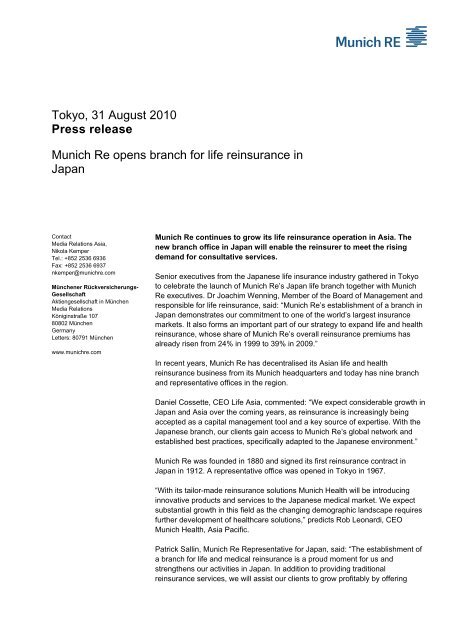 Press release, Tokyo, 31 August 2010 - Munich Re