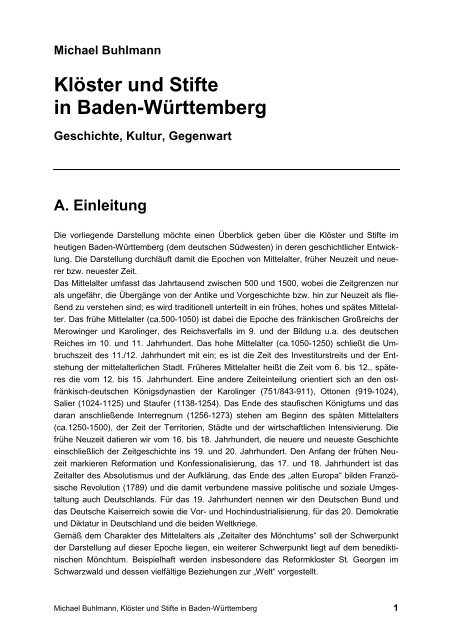 Klöster und Stifte in Baden-Württemberg - Michael-buhlmann.de