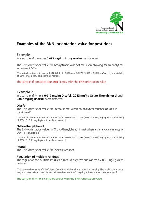 Examples of the BNN- orientation value for pesticides