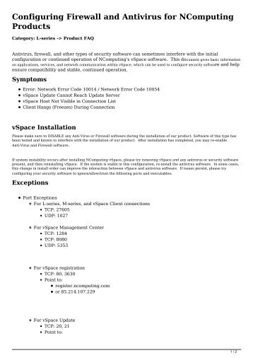 Configuring Firewall and Antivirus for NComputing Products