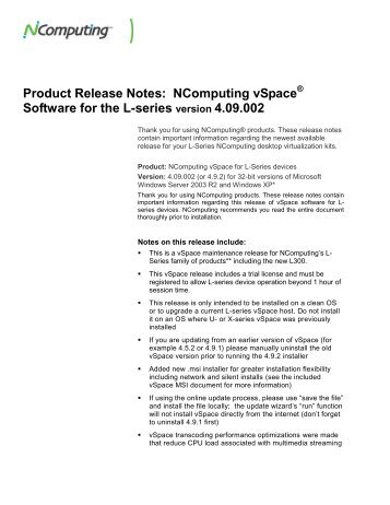 Product Release Notes: NComputing vSpace