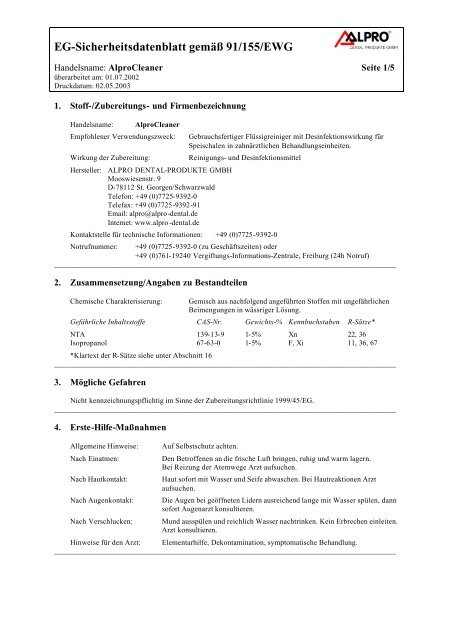 Sicherheitsdatenblatt AlproCleaner deutsch 01-07-2002 - NETdental