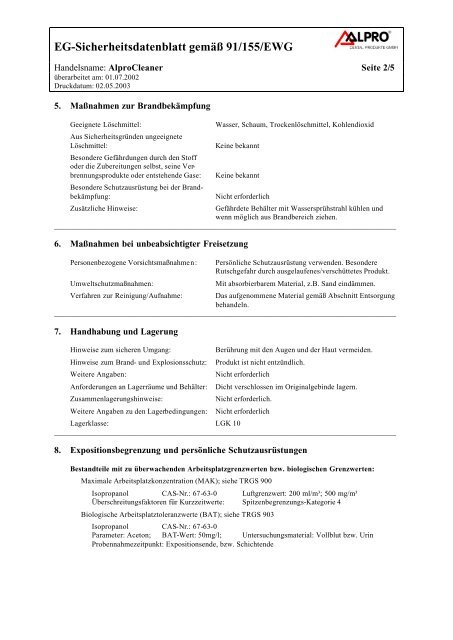 Sicherheitsdatenblatt AlproCleaner deutsch 01-07-2002 - NETdental