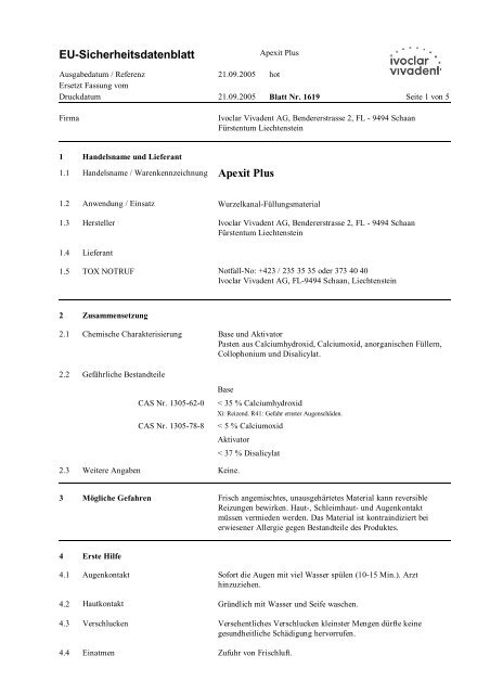 EU-Sicherheitsdatenblatt Apexit Plus - kleindental