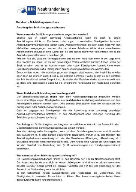 Merkblatt Anrufung Schlichtungsausschuss - IHK Neubrandenburg