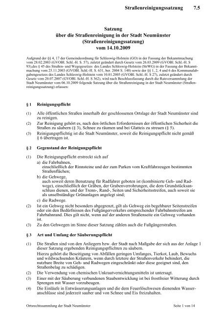 Straßenreinigungssatzung 7.5 Satzung über die ... - Stadt Neumünster
