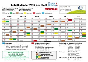 Michelnau Abfallkalender 2012 der Stadt - Nidda