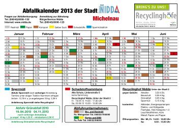 Michelnau Abfallkalender 2013 der Stadt - Nidda