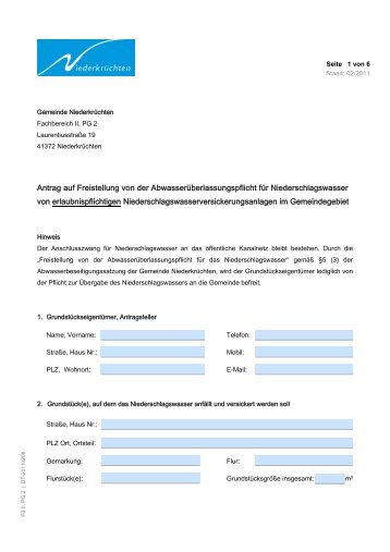 Antrag auf Freistellung von der Abwasserüberlassungspflicht für ...