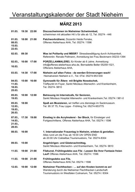 Veranstaltungskalender der Stadt Nieheim