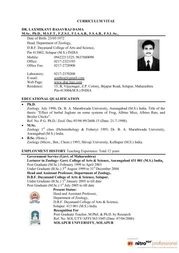 CURRICULUM VITAE DR. LAXMIKANT BASAVRAJ DAMA M.Sc