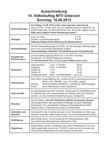 Ausschreibung 10. Volkslauftag MTV Urberach Sonntag, 16.06.2013