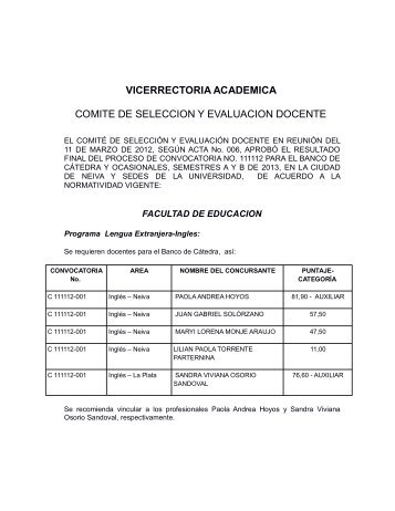 VICERRECTORIA ACADEMICA COMITE DE SELECCION Y EVALUACION DOCENTE