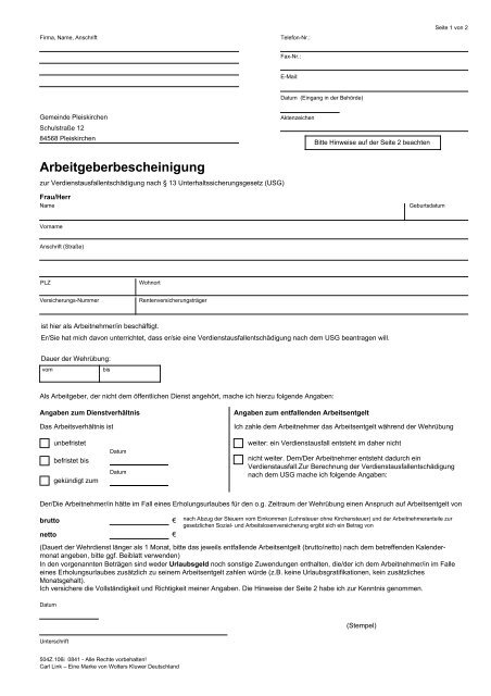 Arbeitgeberbescheinigung Pleiskirchen