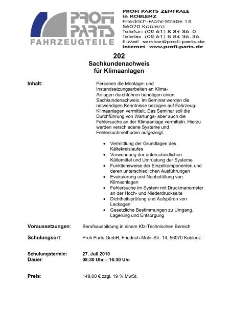 Lehrgang 202 Klimaanlagen 27.07.10 Koblenz - Profi Parts ...