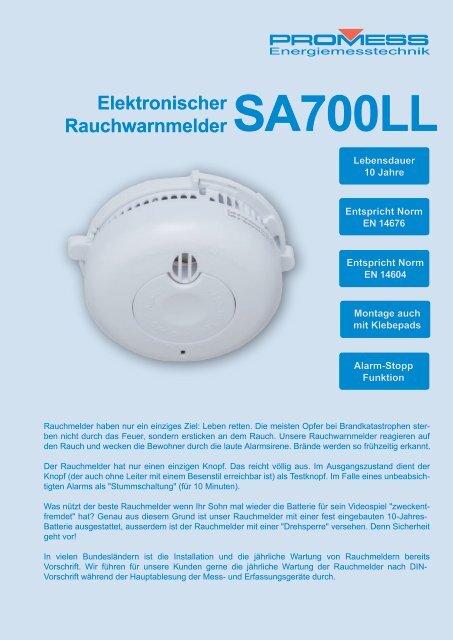 Elektronischer Rauchwarnmelder SA700LL - PROMESS GmbH