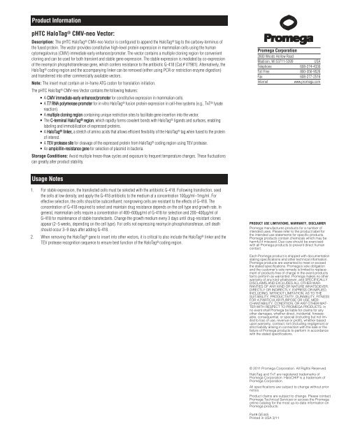 Phtc Halotag Cmv Neo Vector Product Information Promega