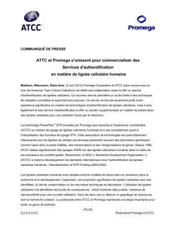 ATTC et Promega s'unissent pour commercialiser des Services d ...