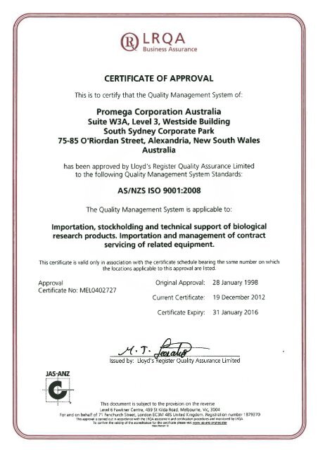 Promega Australia ISO 9001 Certificate