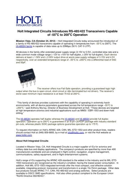 Holt Integrated Circuits Introduces RS-485/422 Transceivers ...