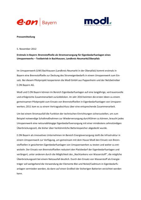 15. November 2012: Erstmals in Bayern: Brennstoffzelle als