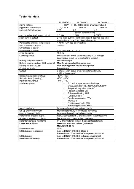 Short description of device, technical data - PS Antriebstechnik