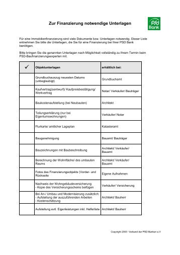 Liste der zur Finanzierung notwendigen Dokumente  - PSD Bank ...