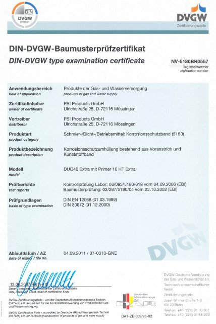 DIN-DVGW-Baumusterprüfzertifikat - PSI Products GmbH