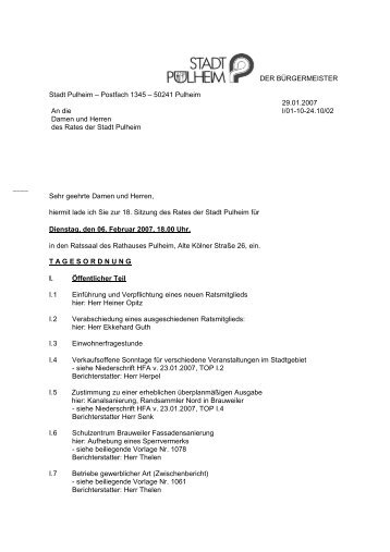 DER BÜRGERMEISTER Stadt Pulheim – Postfach 1345 – 50241 ...