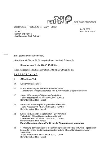 DER BÜRGERMEISTER Stadt Pulheim – Postfach 1345 – 50241 ...