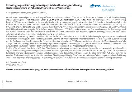 Einwilligungserklärung Privatambulanz/Krankenhaus - PVS rhein-ruhr