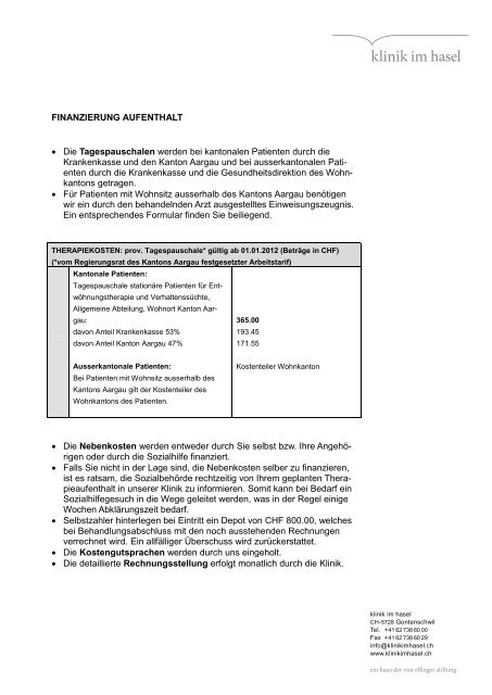 Finanzierung des Aufenthalts - Klinik im Hasel