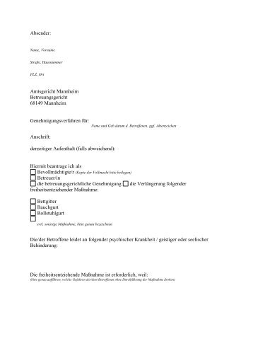 Absender: Amtsgericht Mannheim Betreuungsgericht 68149 ...