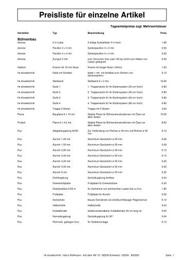 Preisliste für einzelne Artikel - hk-showtechnik