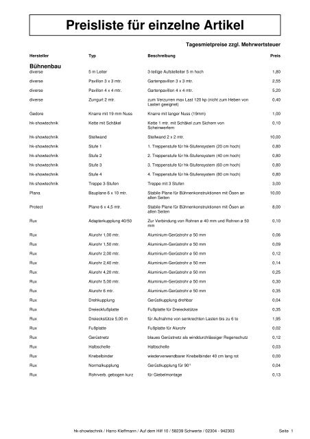 Preisliste für einzelne Artikel - hk-showtechnik