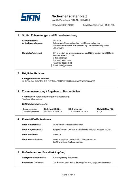 Sicherheitsdatenblatt - SIFIN