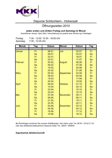 Deponie Schlüchtern - Hohenzell Öffnungszeiten 2010