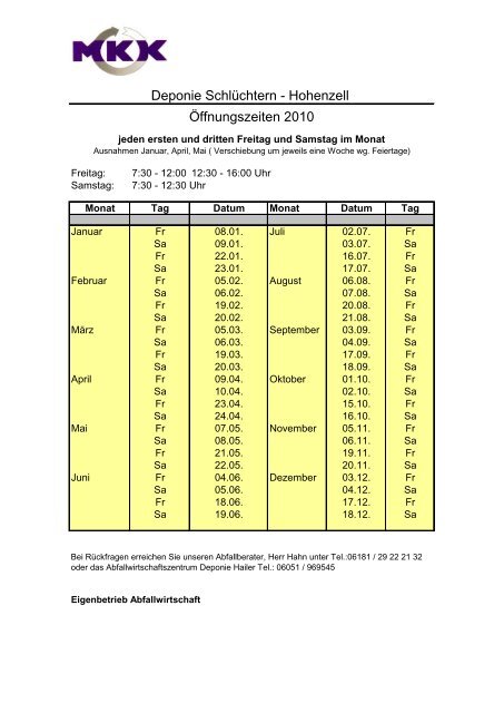 Deponie Schlüchtern - Hohenzell Öffnungszeiten 2010