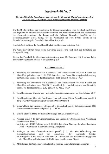 Niederschrift 8 - Gemeinde Sinntal