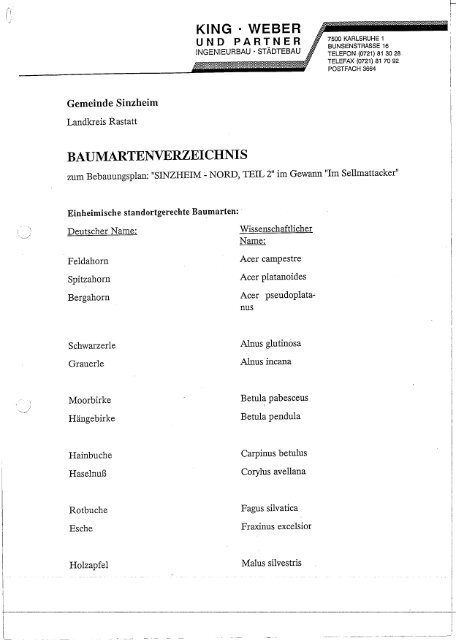 Baumartenverzeichnis zum Bebauungsplan "Sinzheim-Nord"
