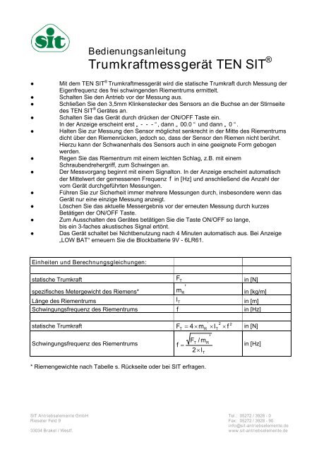 Trumkraftmessgerät TEN SIT - SIT Antriebselemente GmbH